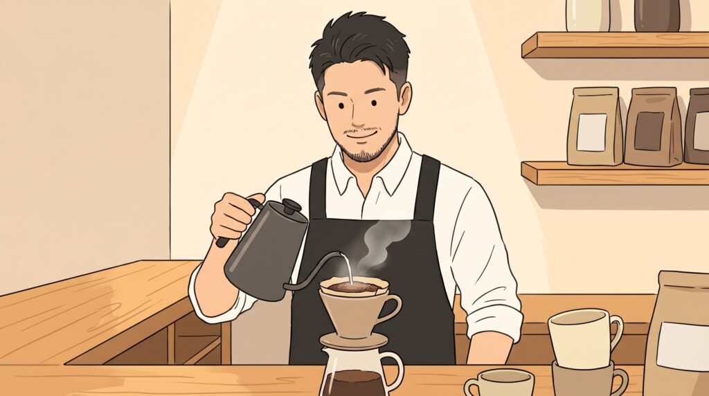 ペーパーフィルターでハンドドリップコーヒーを淹れる男性