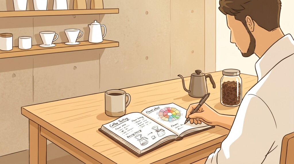 コーヒーの抽出メモを取る男性