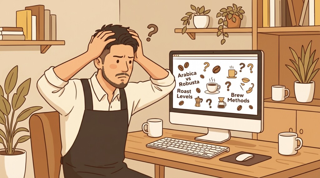コーヒー情報の複雑さに頭を悩ませる男性