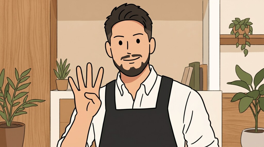 指で「4」と作る男性