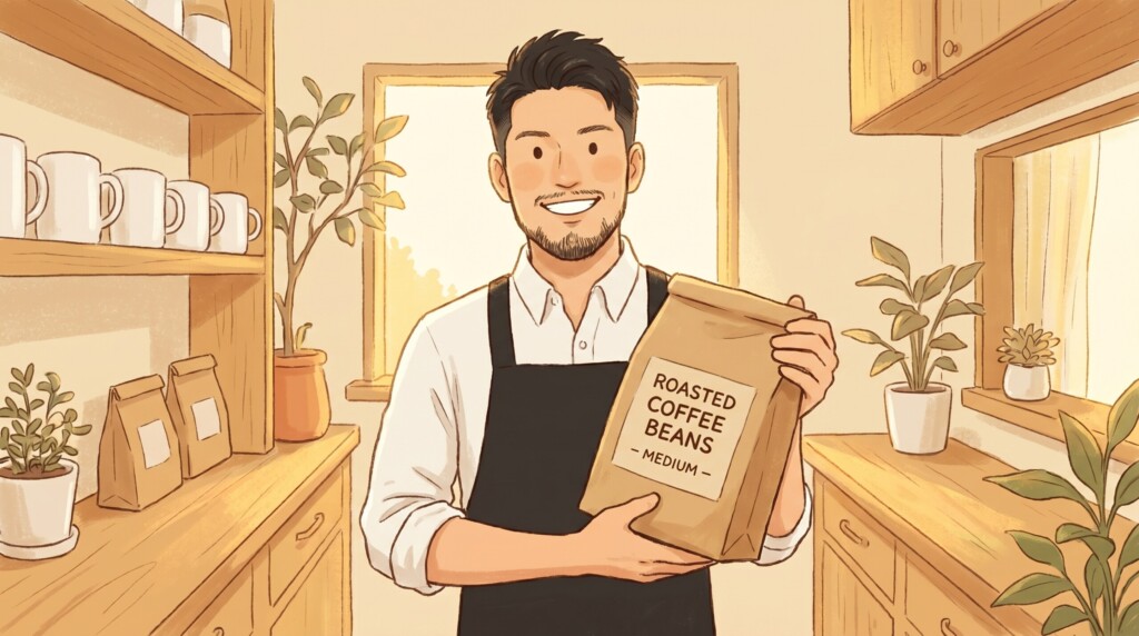 お気に入りのコーヒー豆を持つ男性