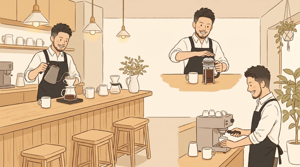 様々な淹れ方でコーヒーを淹れる男性
