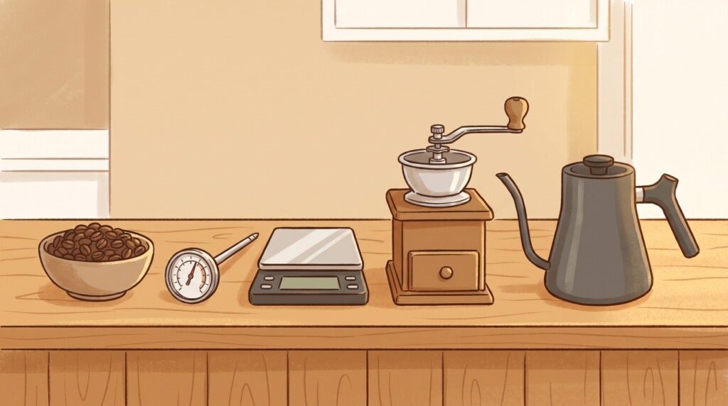 様々なコーヒー器具が並んでいる机