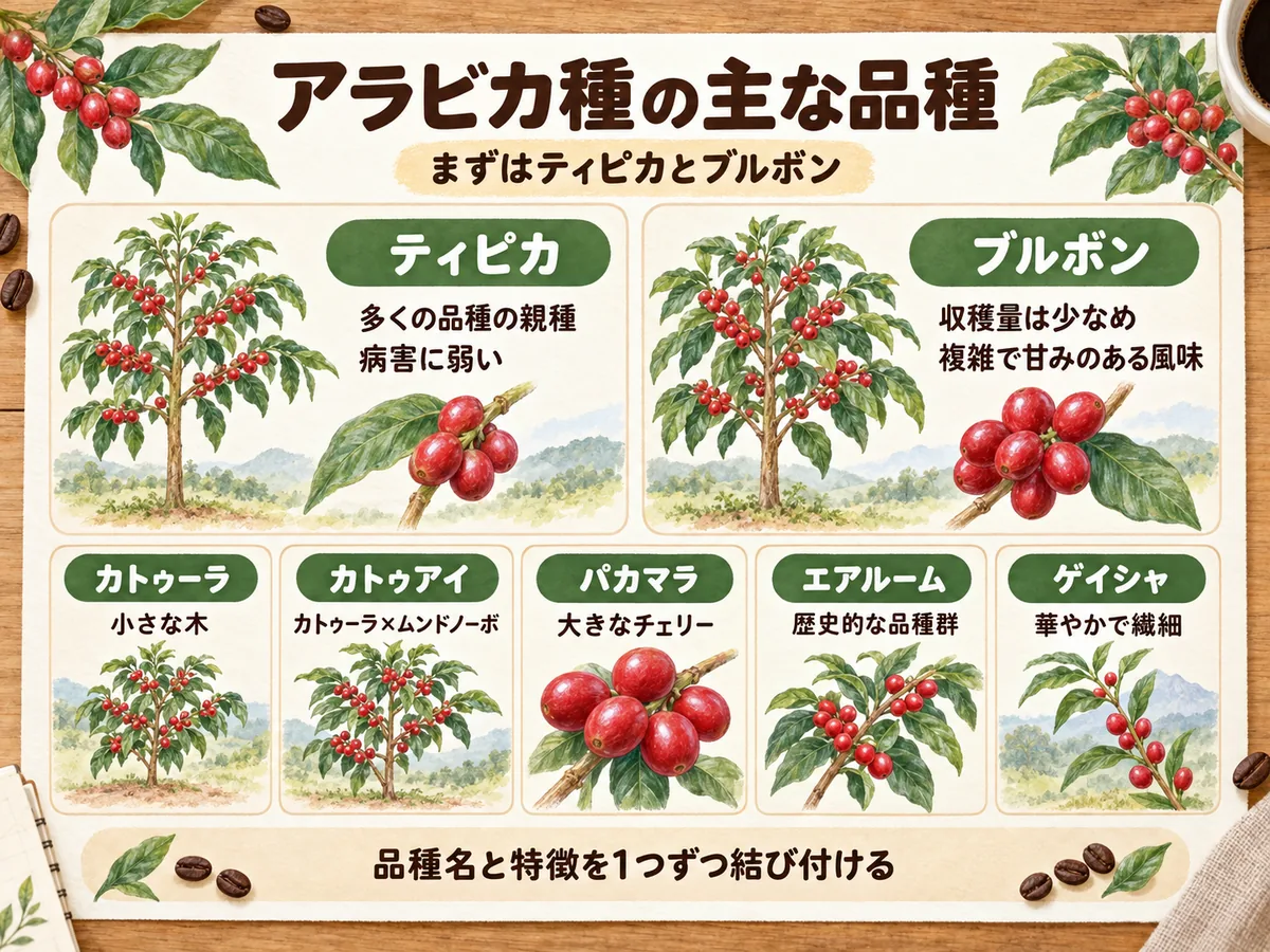 ティピカ・ブルボンなどアラビカ種の代表的な品種と特徴を整理した図