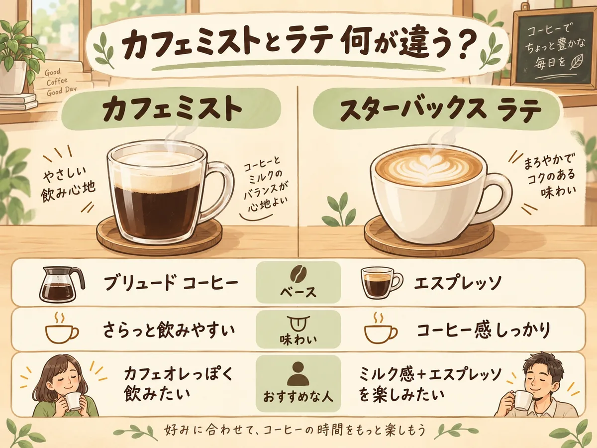カフェミストとスターバックスラテのベース・味わい・おすすめな人の比較図