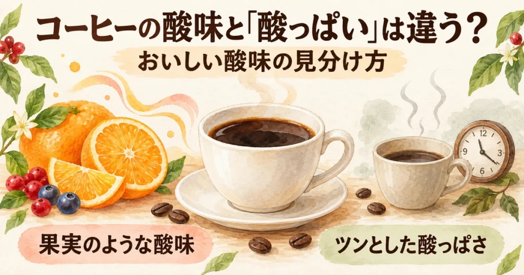 コーヒーのおいしい酸味と不快な酸っぱさの違いを表した手描きイラスト