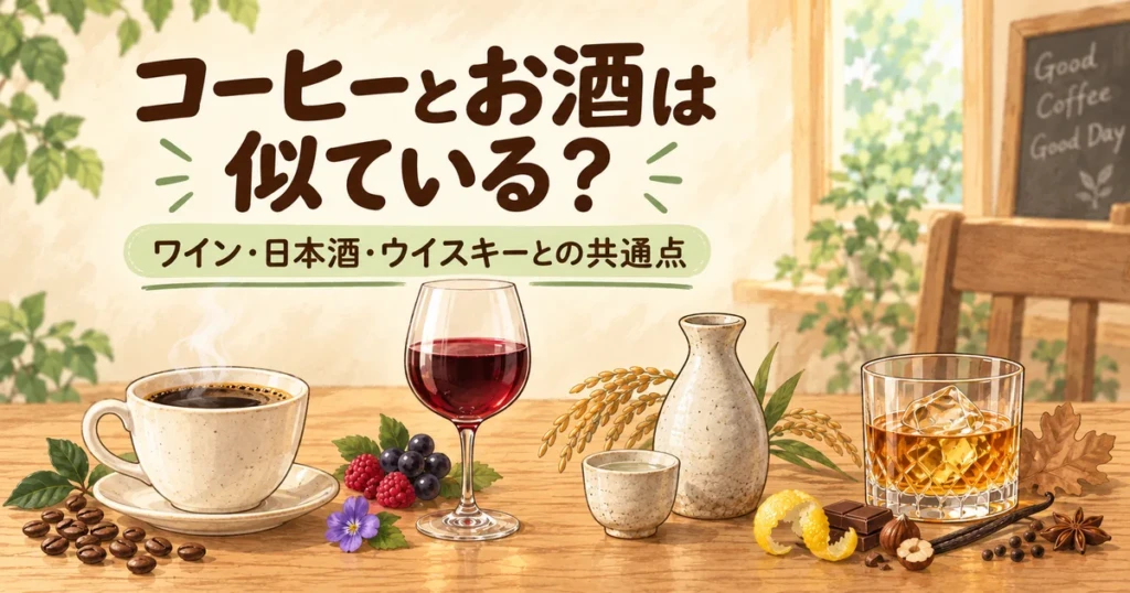 コーヒーとワイン、日本酒、ウイスキーの共通点を表したイラスト