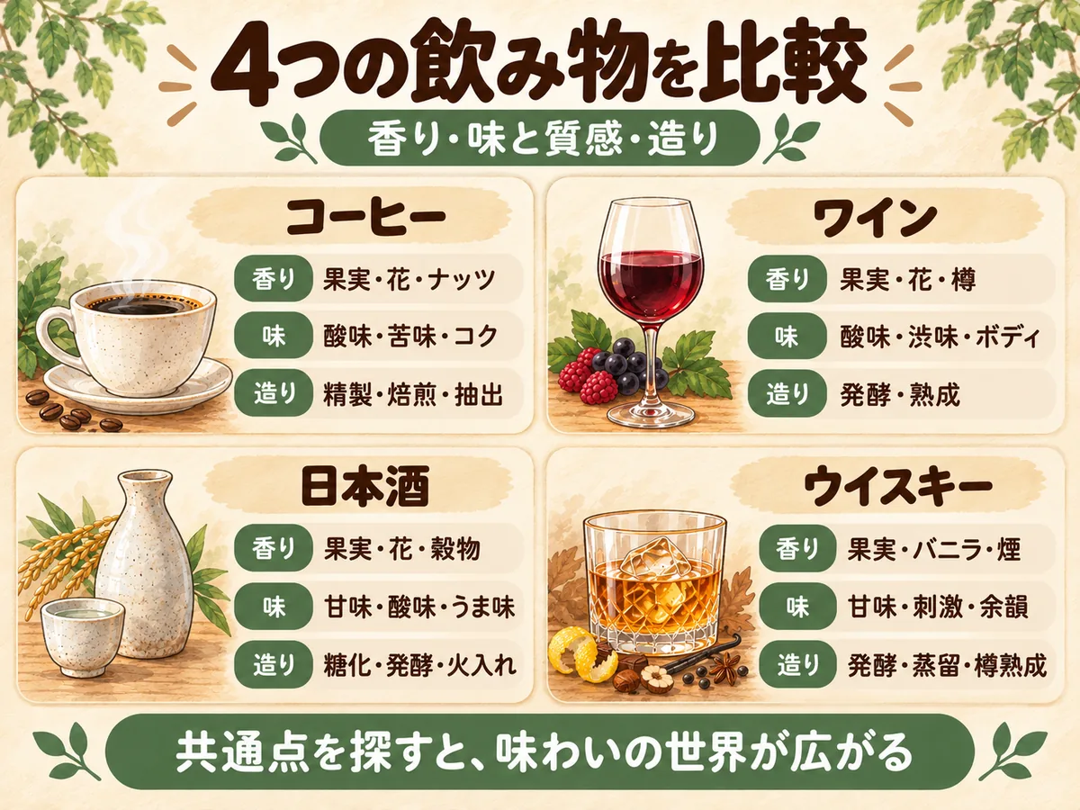コーヒーとワインと日本酒とウイスキーを香り・味・コク・製法・ペアリングで比較した図
