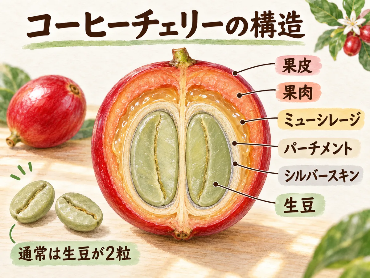 コーヒーチェリーの果皮、果肉、ミューシレージ、パーチメント、シルバースキン、生豆の位置を示した断面図