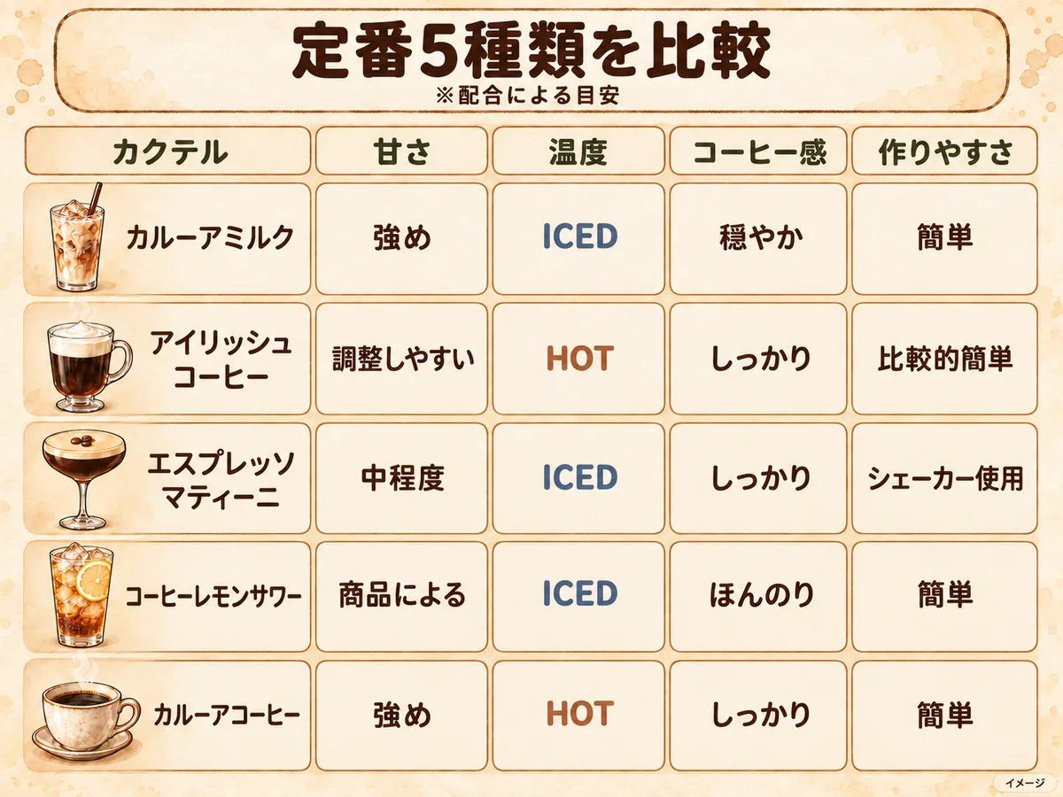 定番5種類のコーヒーカクテルを甘さ・温度・コーヒー感・作りやすさで比較した図
