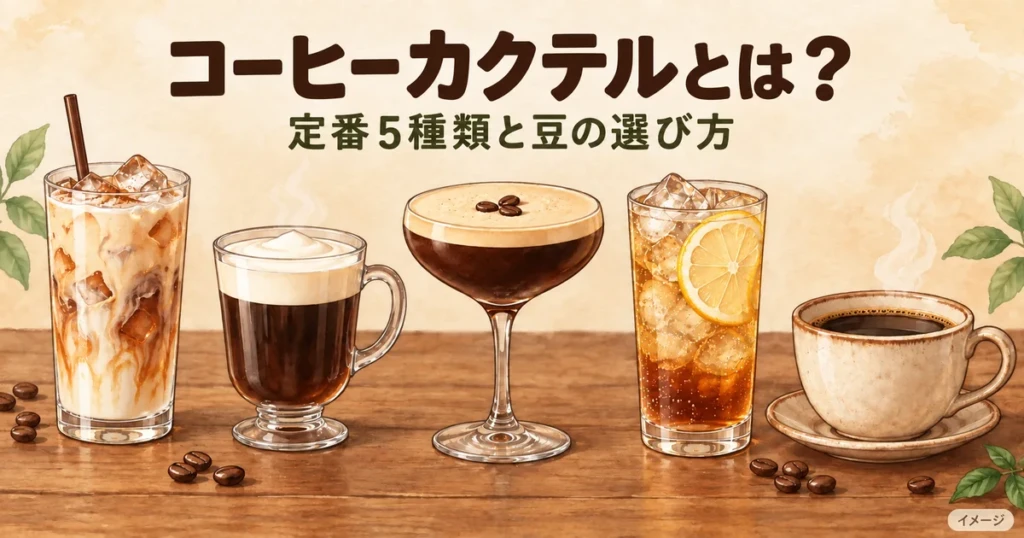 定番5種類のコーヒーカクテルを並べた手描き風イラスト