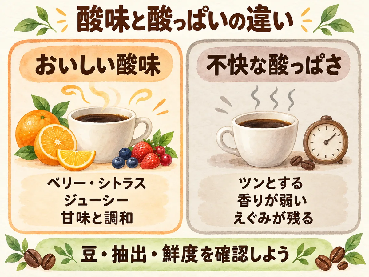 果実を思わせるおいしい酸味と不快な酸っぱさの特徴を比較した図