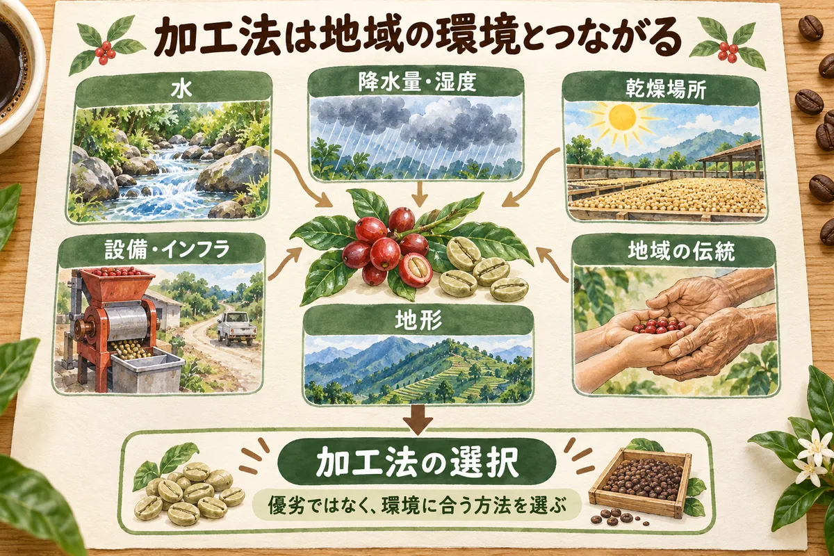 水、日照、湿度、乾燥場所、設備、地形とコーヒー加工法の関係を整理した図
