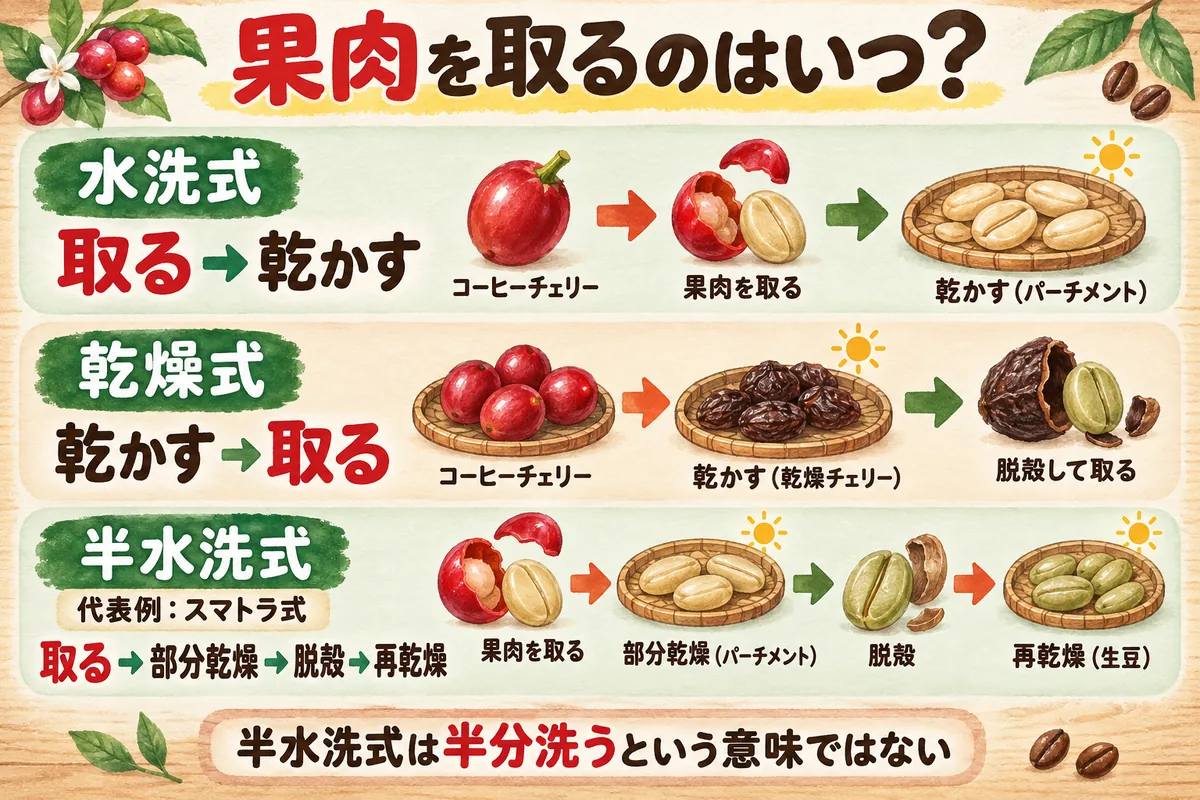 収穫から果肉除去、乾燥、生豆までの順番で3つのコーヒー加工法を覚える図