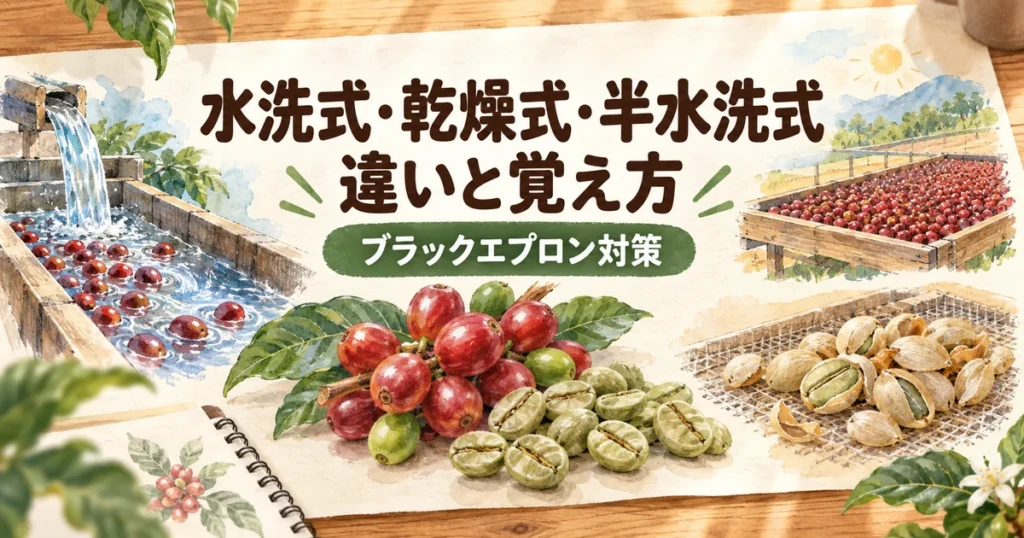 水洗式・乾燥式・半水洗式の違いをコーヒーチェリーと生豆で表したブラックエプロン学習用図解