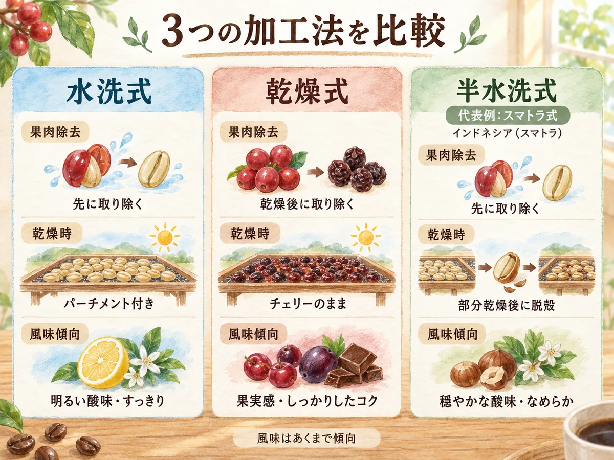 水洗式・乾燥式・半水洗式の果肉除去のタイミングと乾燥状態、風味傾向を比較した図