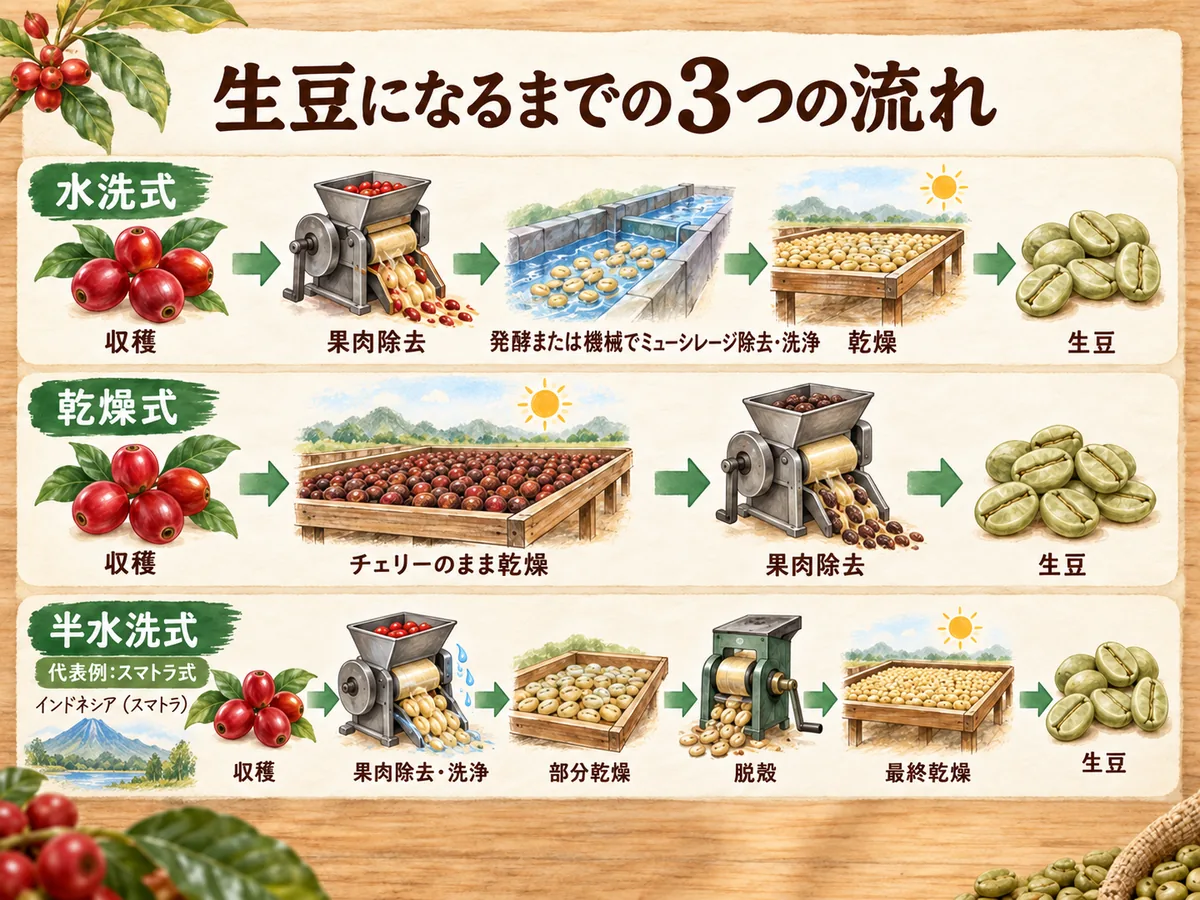 水洗式・乾燥式・半水洗式で収穫から生豆になるまでの工程順を比較した図