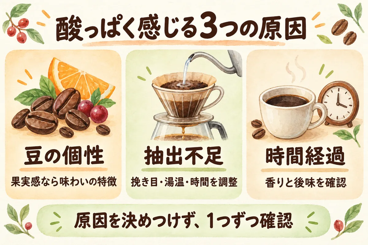コーヒーが酸っぱく感じる3つの原因と対処法をまとめた図