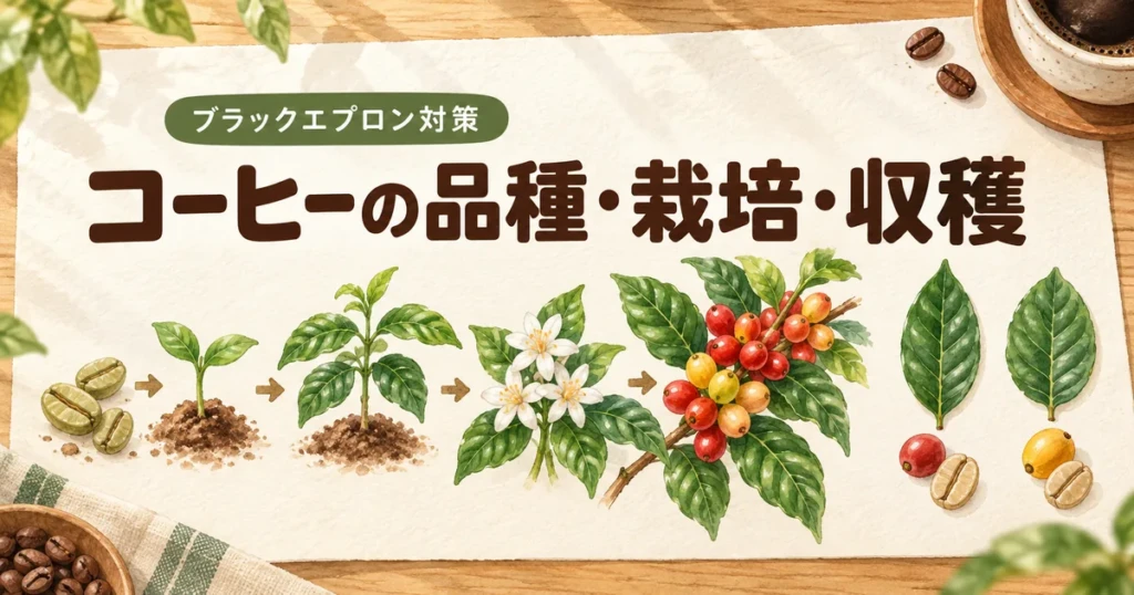 コーヒーの品種・栽培・収穫を学ぶブラックエプロン対策記事のイラスト