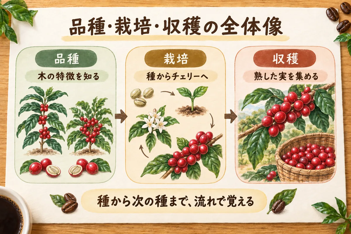 コーヒーの品種・栽培・収穫の学習内容をまとめた全体図