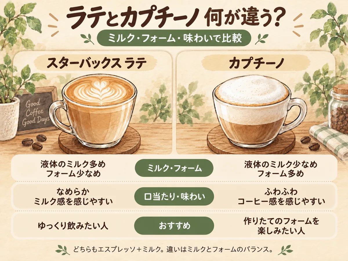 スターバックスラテとカプチーノのミルク・フォーム・味わいの違いを比較した図