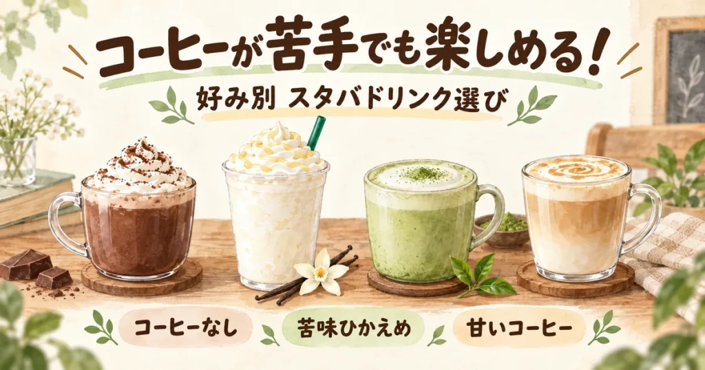 コーヒーが苦手な人向けのスタバドリンクを表した手描きイラスト