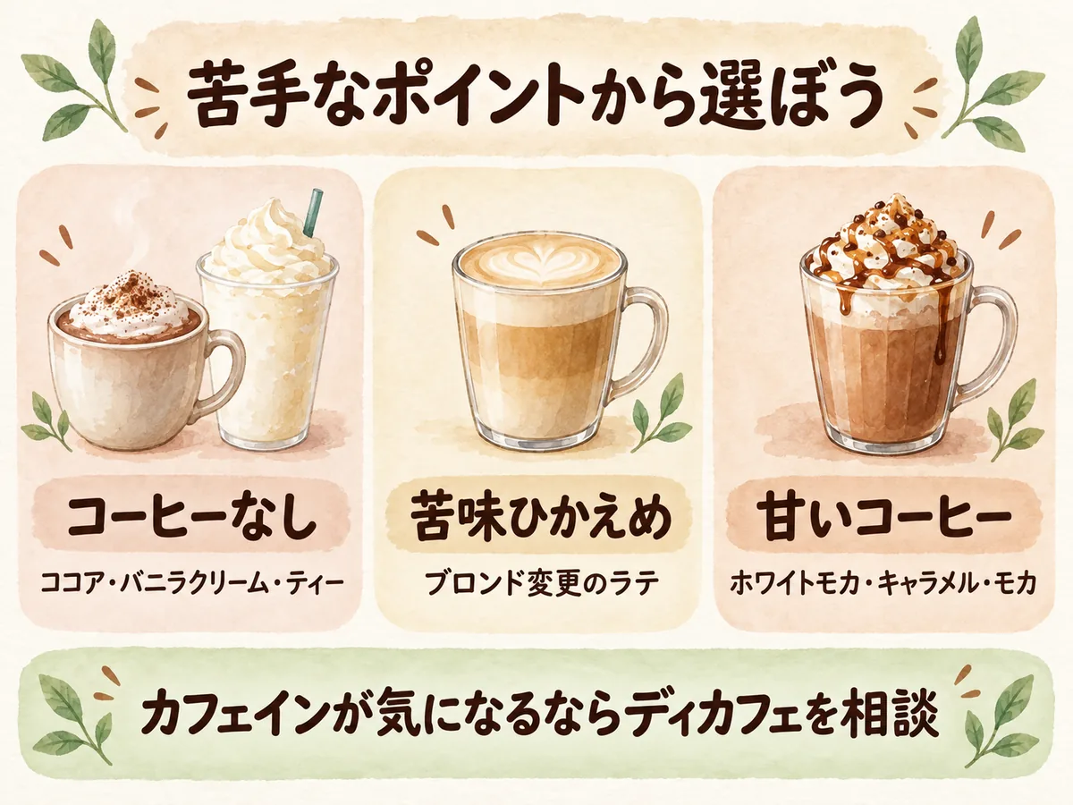 コーヒーの苦手度と甘さの好みに合わせたスタバドリンク選びの図