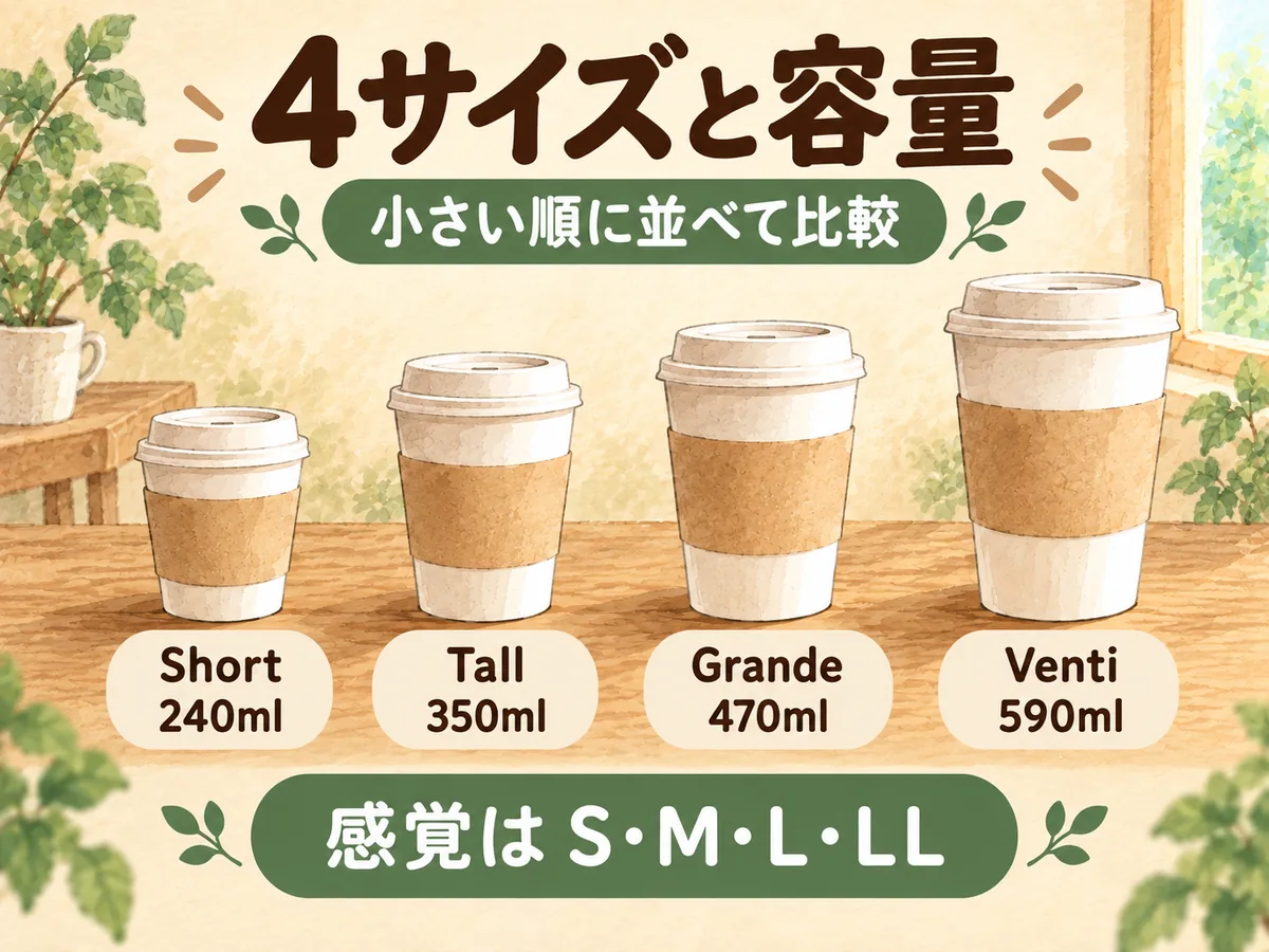 スタバの4サイズと容量を比較した図