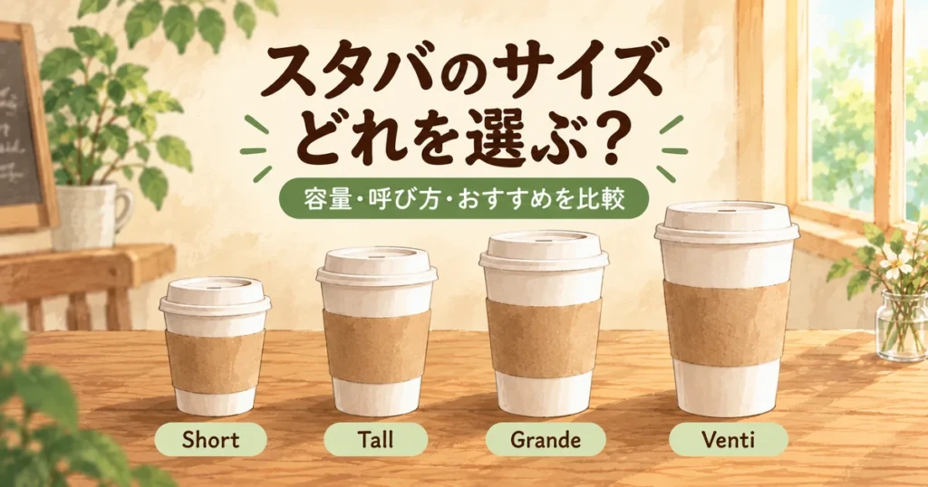 スタバのショート・トール・グランデ・ベンティの違いを表した手描きイラスト