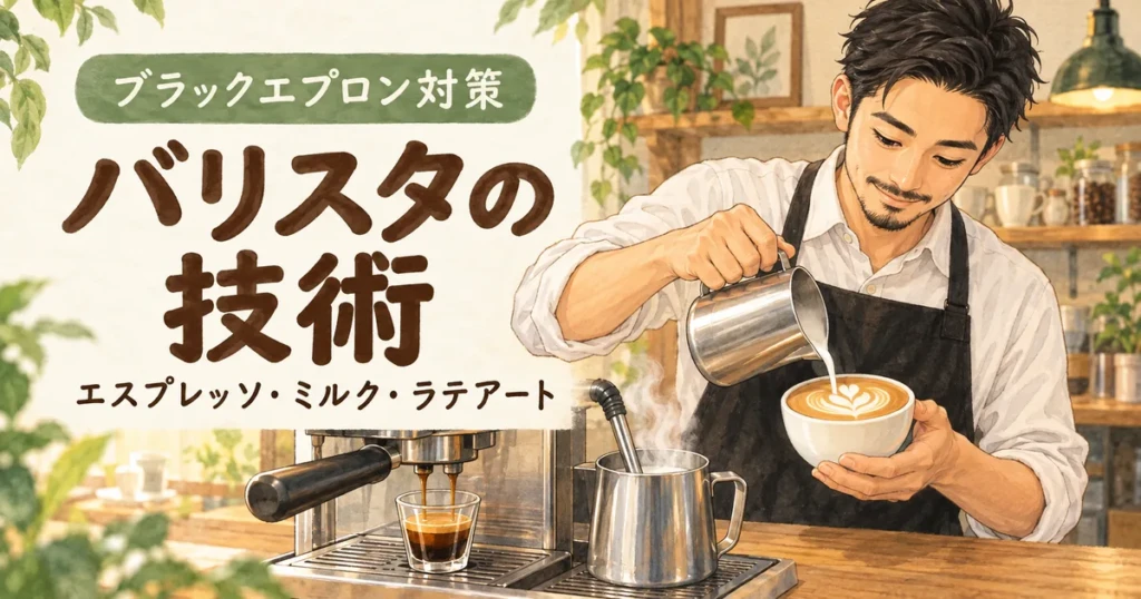 エスプレッソの抽出からミルクスチーミング、ラテアートまでのバリスタ技術を表したイラスト