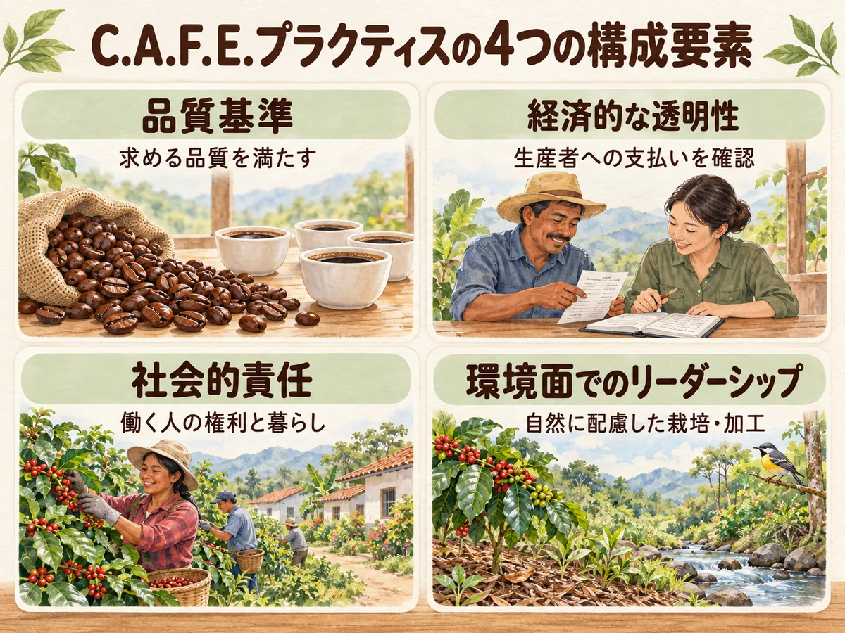 C.A.F.E.プラクティスの品質基準、経済的な透明性、社会的責任、環境面でのリーダーシップの4要素