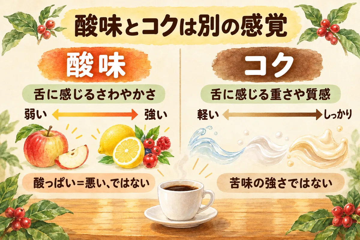 酸味をみずみずしい感覚、コクを舌の上の重さとして見分ける図解
