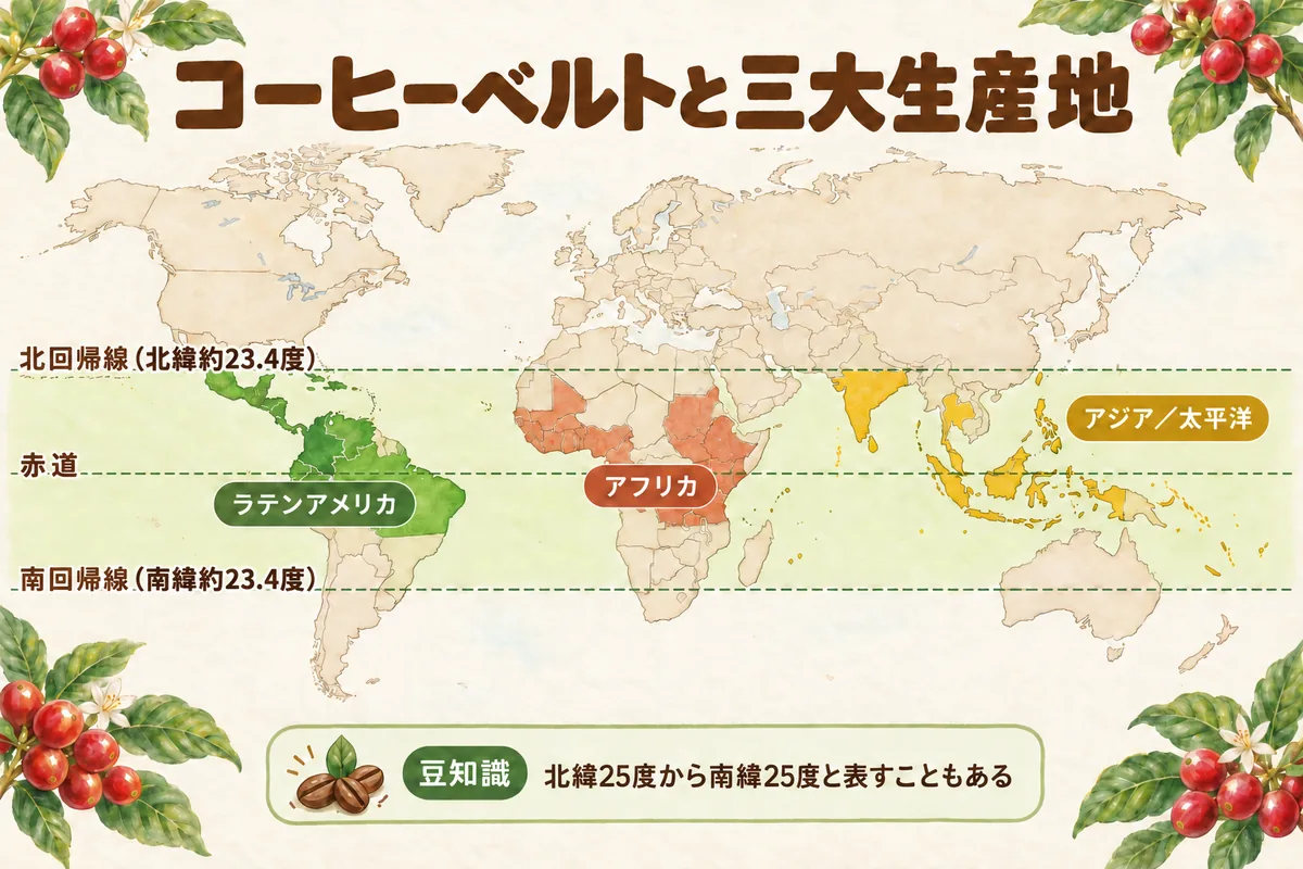 北緯約23.4度の北回帰線と南緯約23.4度の南回帰線に挟まれたコーヒーベルトと三大生産地を示した世界地図