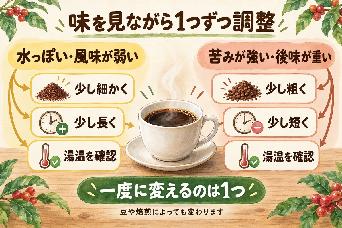 水っぽいときと苦みが強いときに抽出条件を調整する手順の図