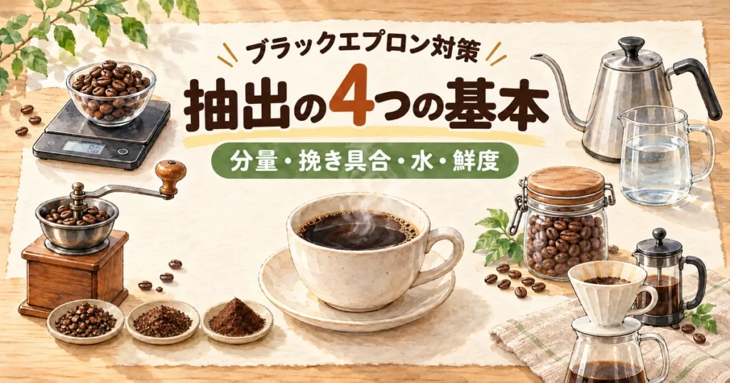 ブラックエプロン対策としてコーヒー抽出の4つの基本と器具の違いを示す図