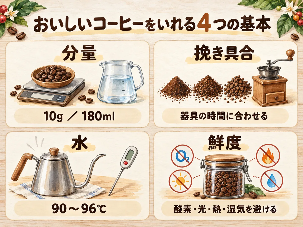 おいしいコーヒーをいれる分量、挽き具合、水、鮮度の4つの基本