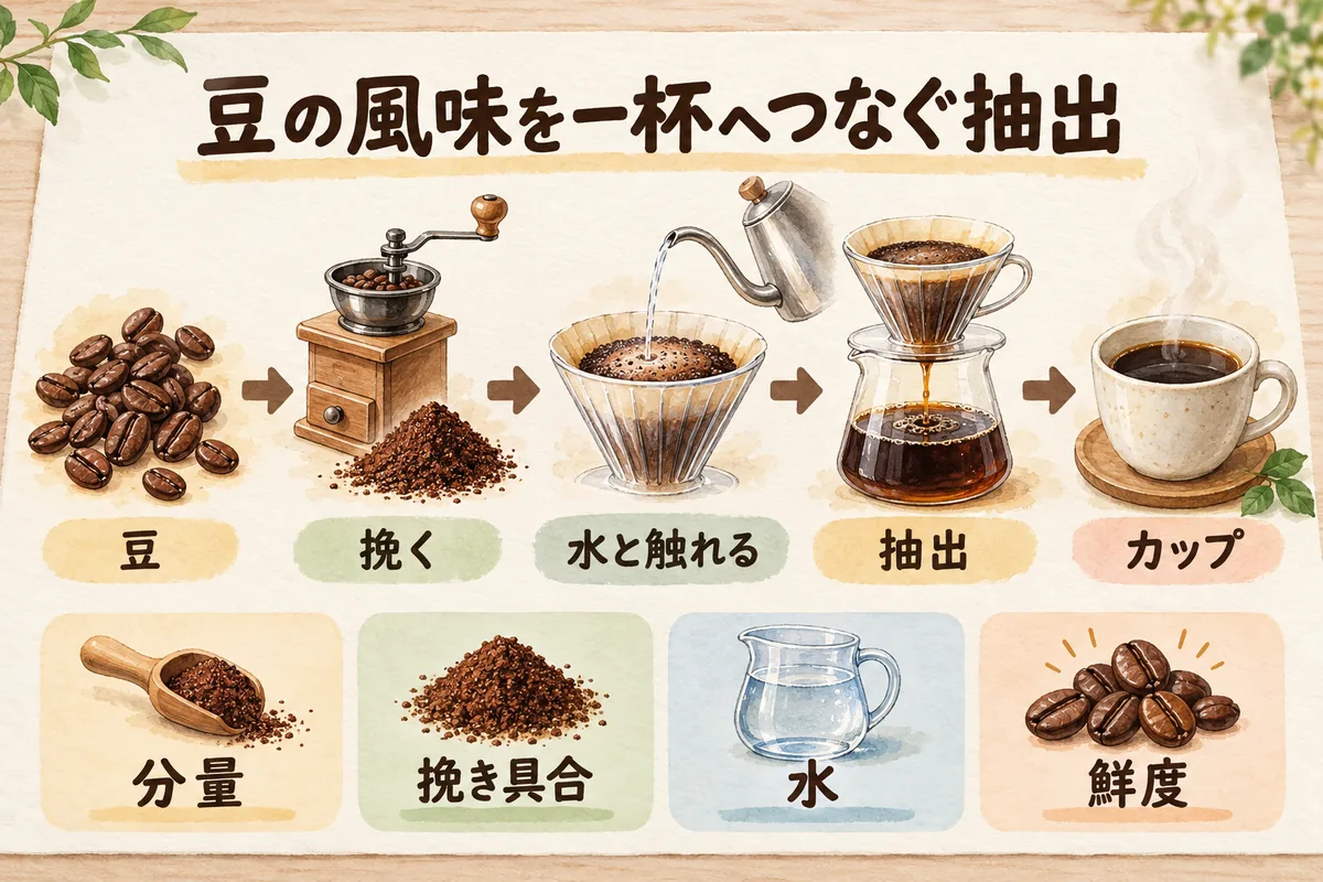 コーヒー豆から挽き具合、水、抽出、カップまでの流れを示す図