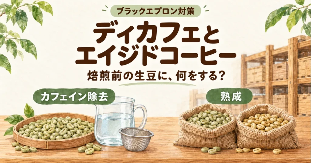 生豆のカフェインを取り除くディカフェの工程と、倉庫で熟成させるエイジドコーヒーのイラスト