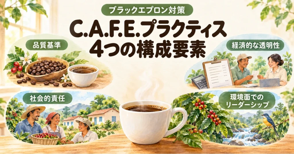 コーヒー豆、生産者、取引、水や木を描いたエシカルな調達とC.A.F.E.プラクティスの学習図