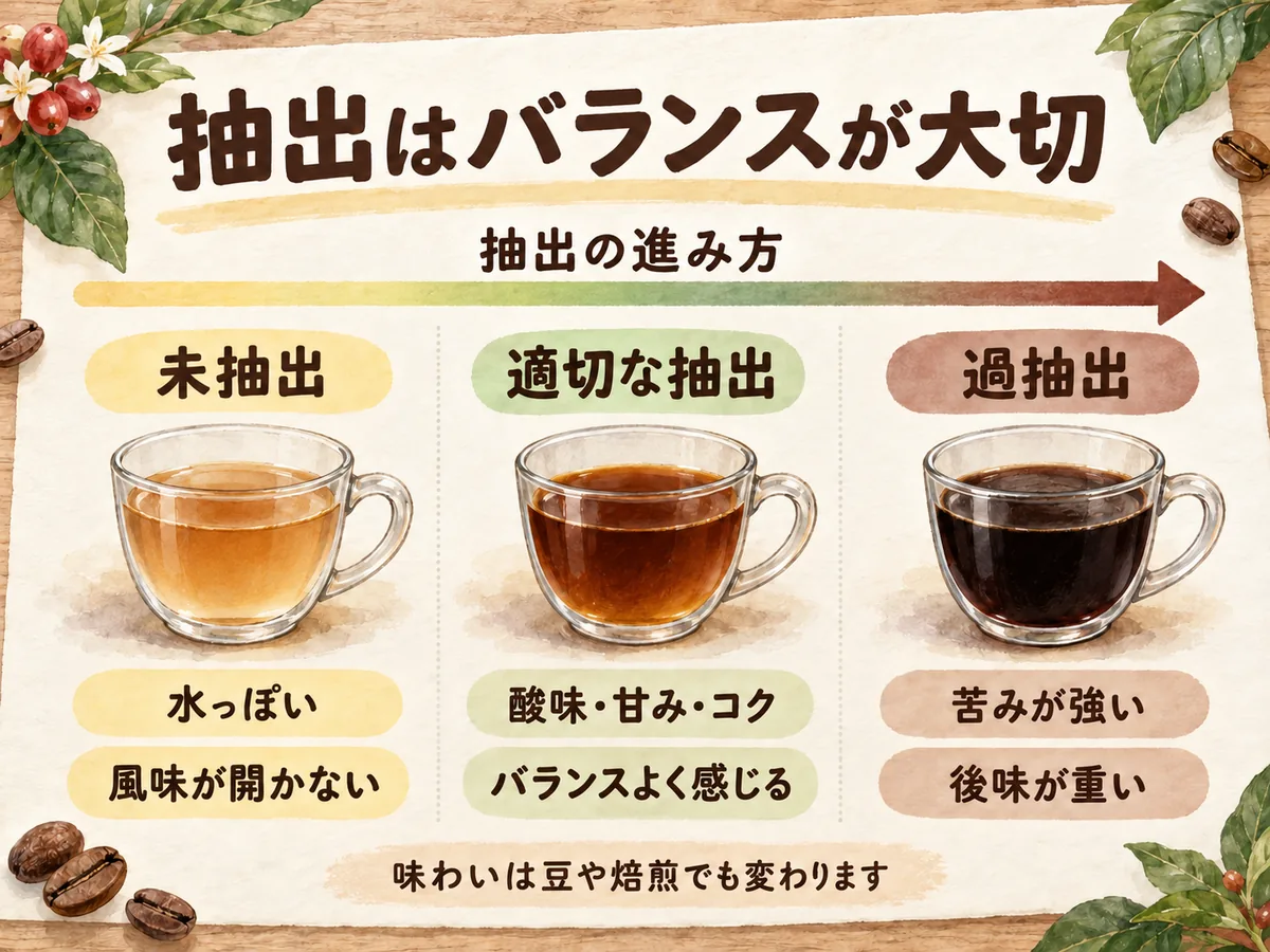 未抽出、適切な抽出、過抽出における味わいの傾向を示す図