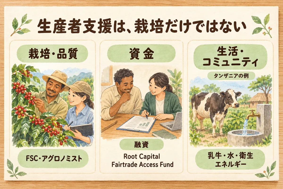 コーヒー生産者を支える栽培・品質、融資、生活・コミュニティの3つの支援と、タンザニアでの乳牛や水への支援例を示す図。