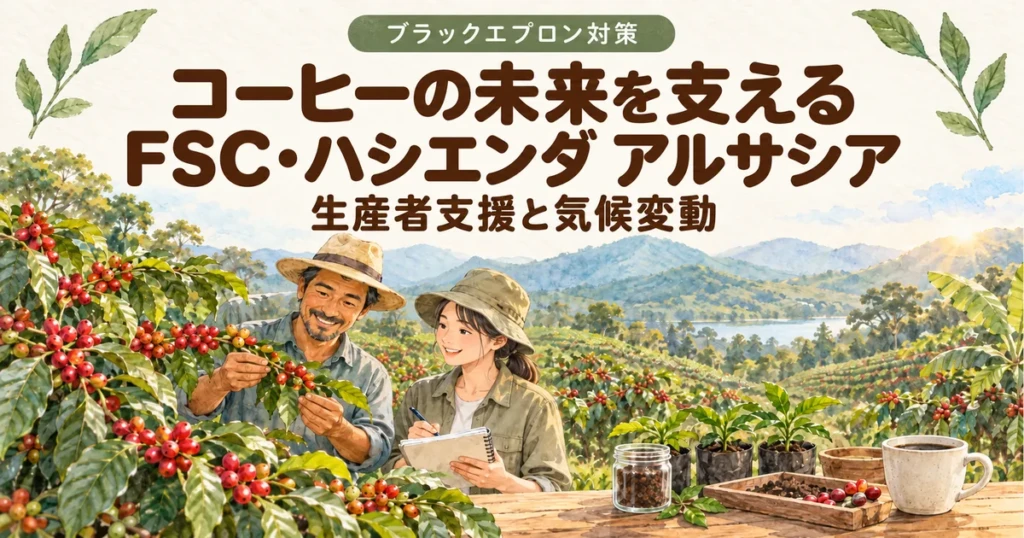 コーヒー農園で生産者と農学者が協力し、研究と支援でコーヒーの未来を守るイラスト