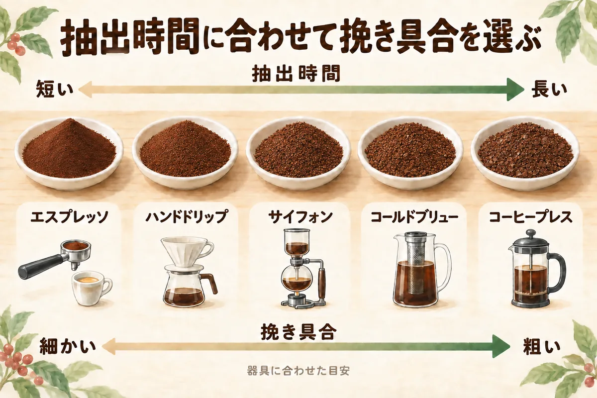 エスプレッソからコーヒープレスまで器具に合う挽き具合を示す図