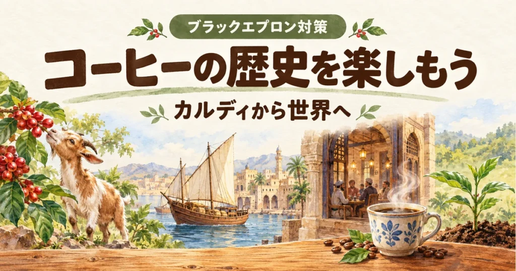 エチオピアのコーヒーチェリーから、港の交易、コーヒーハウス、世界の栽培地へ広がる歴史のイラスト
