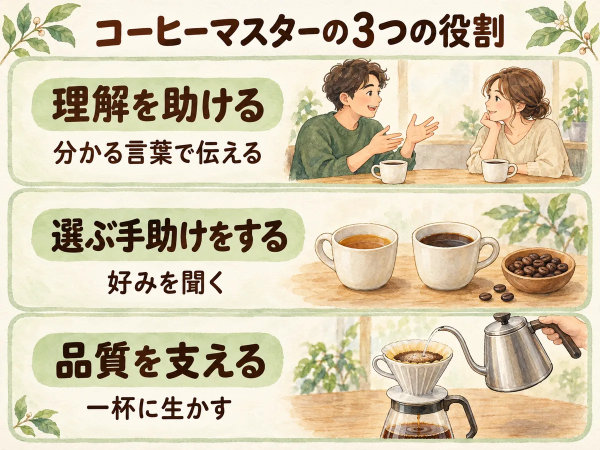 コーヒーマスターの役割を理解を助ける・選ぶ手助けをする・品質を支えるの3つで整理した比較図