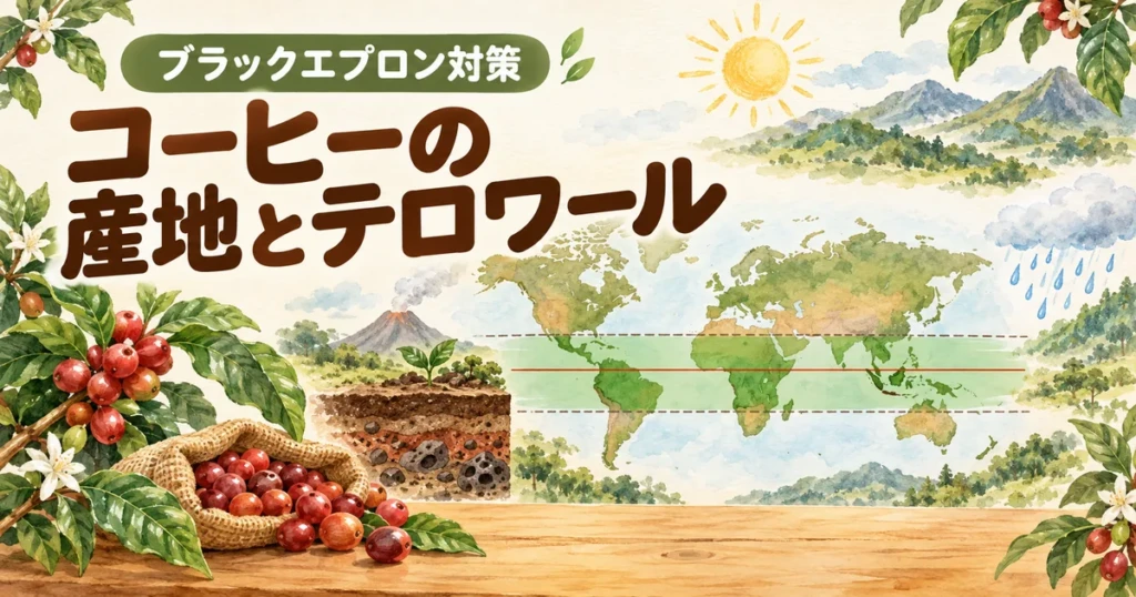 コーヒーベルトと三大生産地、テロワールを学ぶブラックエプロン対策記事の図解