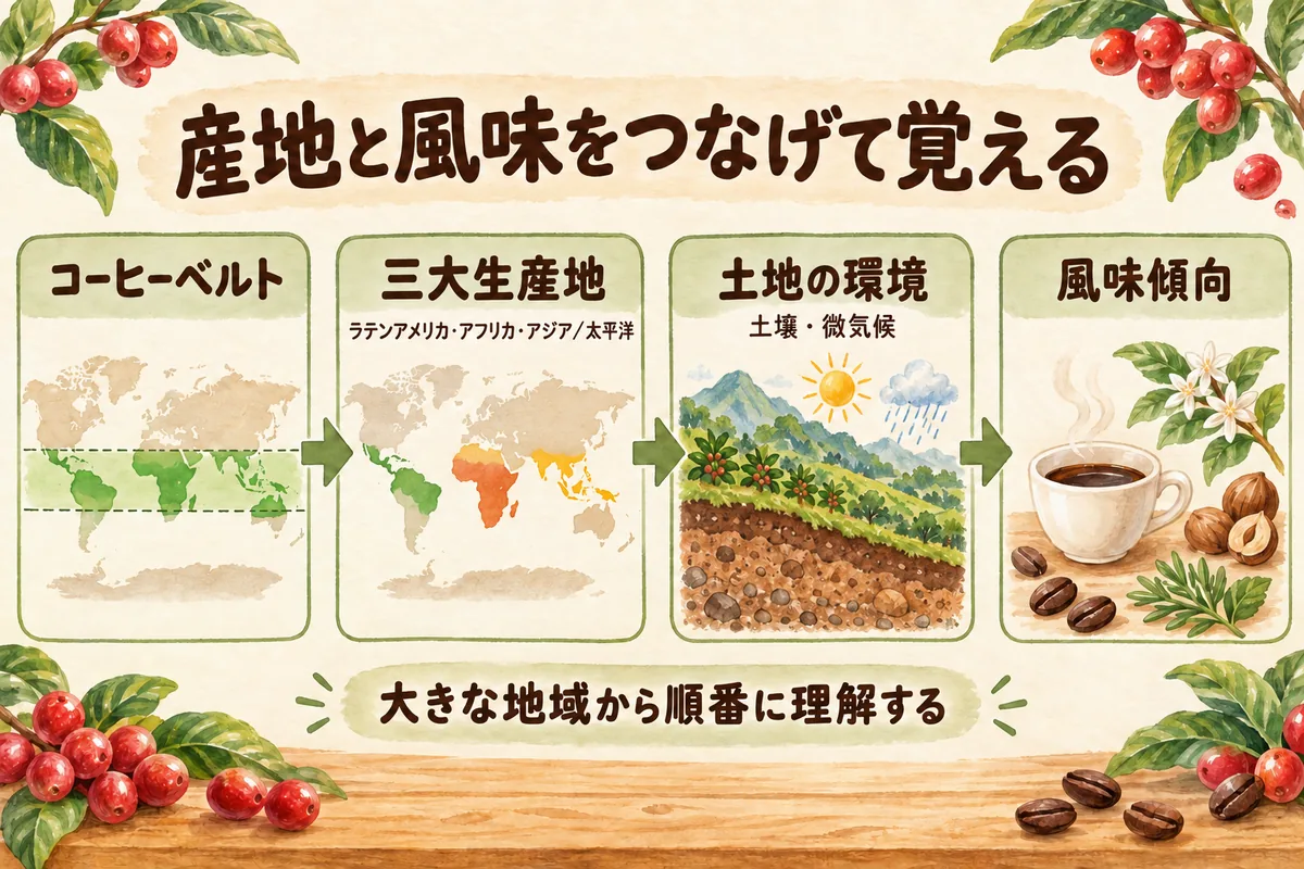 コーヒーベルトから三大生産地、テロワール、風味傾向へ進む学習の全体図