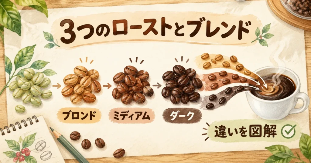 生豆と焙煎豆、3つのローストカテゴリー、ブレンドをまとめたブラックエプロン対策の図解