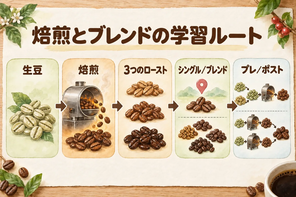 生豆、焙煎、ローストカテゴリー、シングルオリジンとブレンドの学習順序
