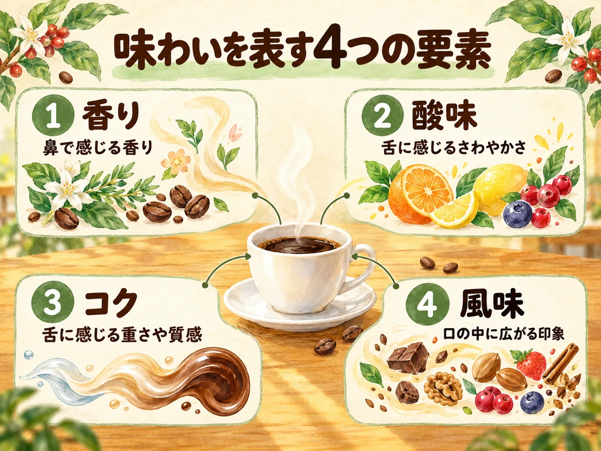 コーヒーの味わいを香り・酸味・コク・風味の4要素で整理した比較図
